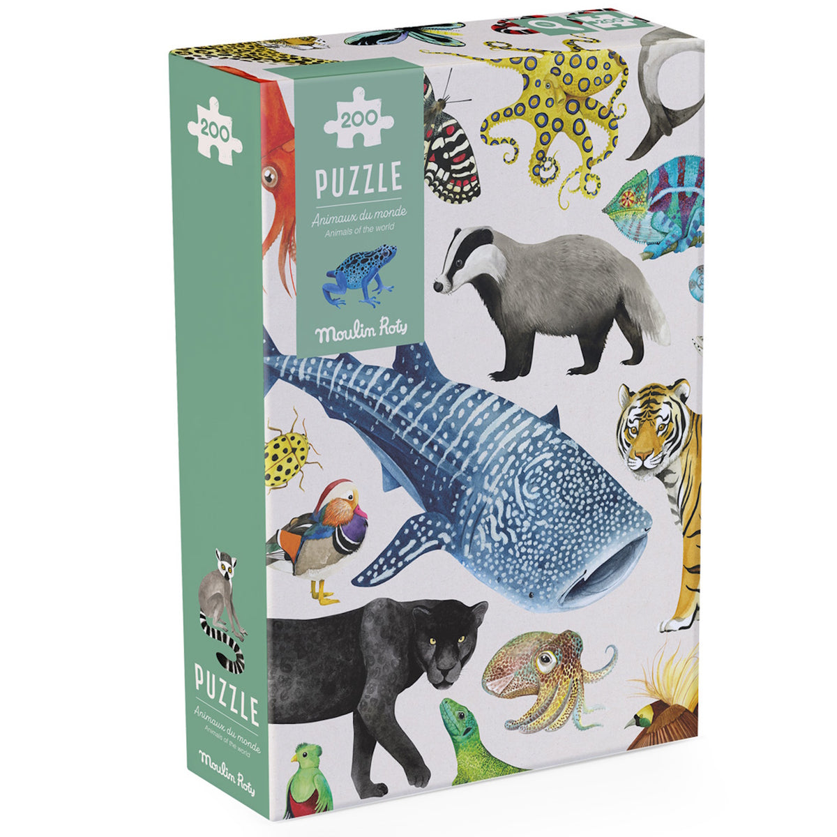 Moulin Roty Animals of the World 200 piece jigsaw puzzle box featuring illustrated whale shark, tiger, and badger.