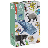 Moulin Roty Animals of the World 200 piece jigsaw puzzle box featuring illustrated whale shark, tiger, and badger.