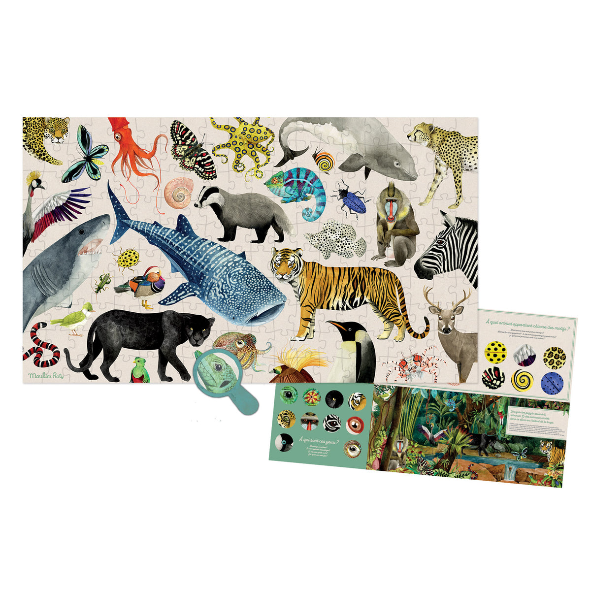 Moulin Roty Animals of the World puzzle for kids featuring colorful illustrations of a whale shark, tiger, and panther.