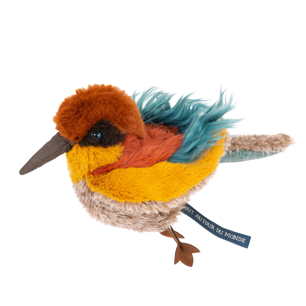 Colorful plush bird toy with a long brown beak, vibrant orange, yellow, and teal feathers, and a tag on the side. It conveys a playful and cheerful vibe.