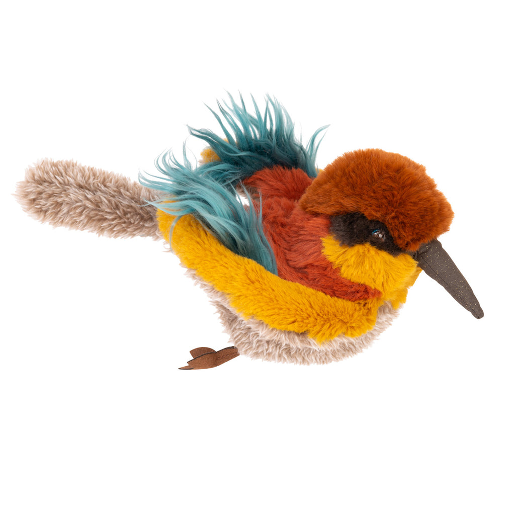 Colorful plush bird toy with a long brown beak, vibrant orange, yellow, and teal feathers, and a tag on the side. It conveys a playful and cheerful vibe.