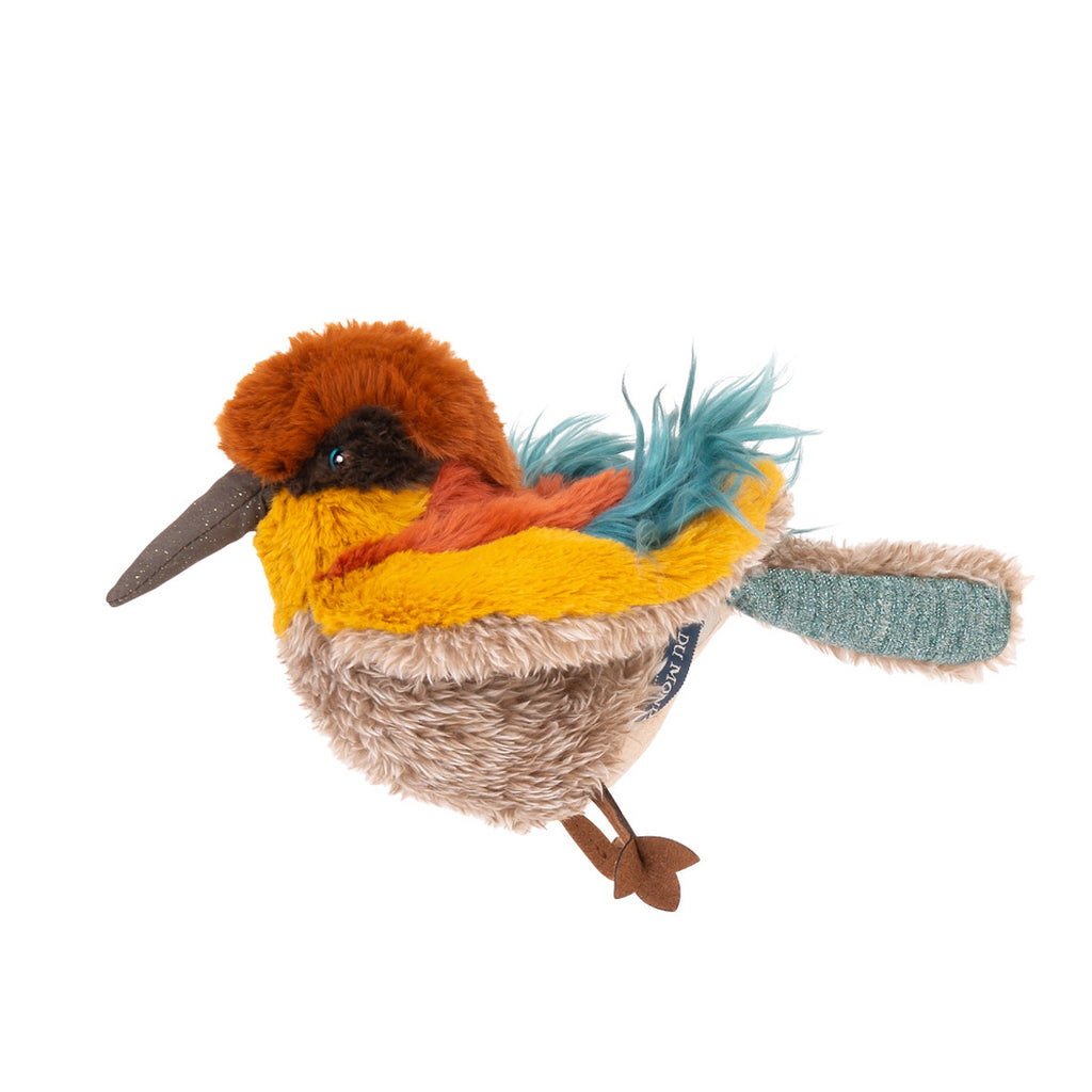 Colorful plush bird toy with a long brown beak, vibrant orange, yellow, and teal feathers, and a tag on the side. It conveys a playful and cheerful vibe.