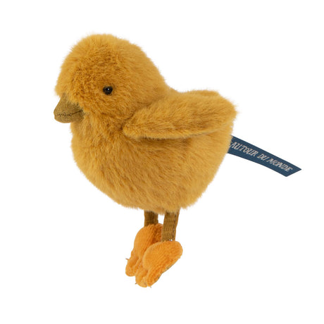 Moulin Roty Tout Autour du Monde yellow chick plush with orange feet, side profile on white background.