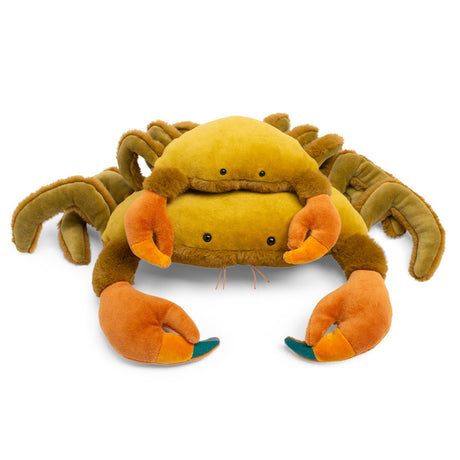 Moulin Roty Tout Autour Du Monde plush crab set featuring a small crab stacked on a large mustard yellow and brown crab.