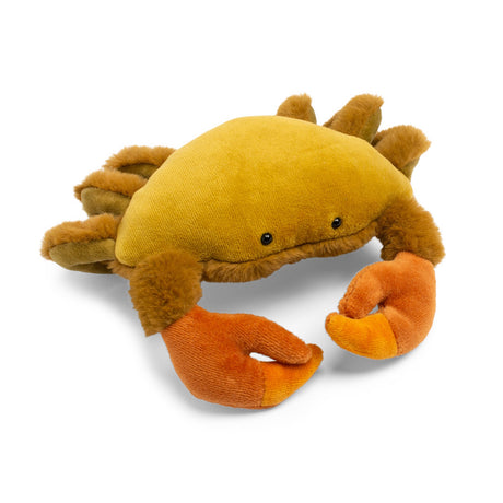 Plush mustard yellow and brown crab stuffed animal with orange claws from the Moulin Roty Tout Autour Du Monde collection.