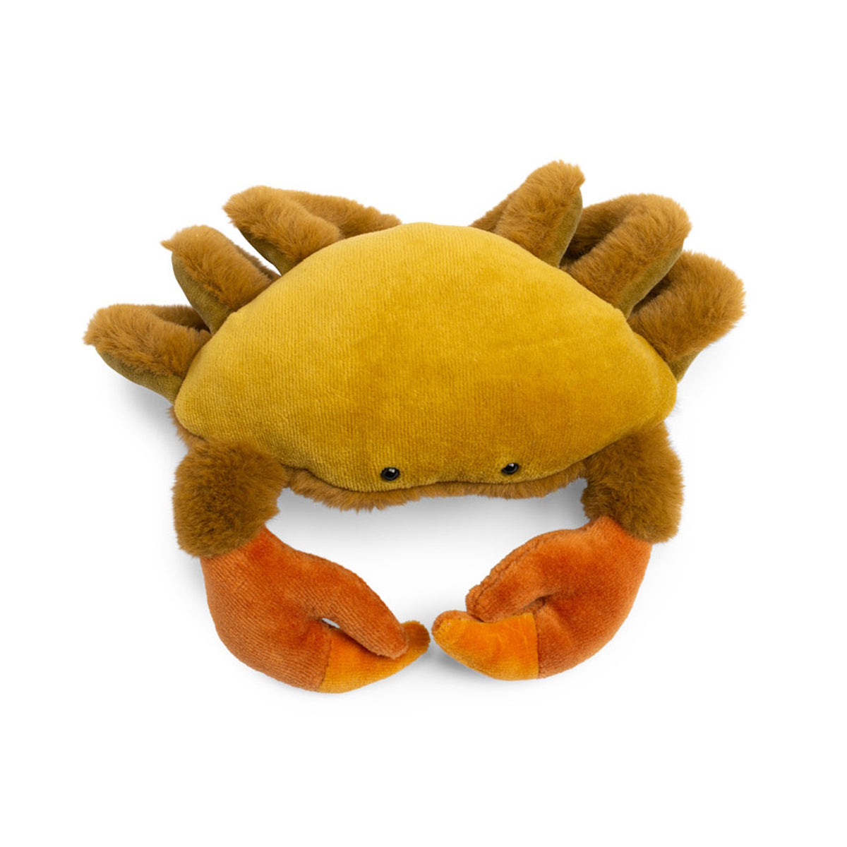 Top view of a plush crab toy with a soft yellow body, fuzzy brown legs, and bright orange claws on a white background.