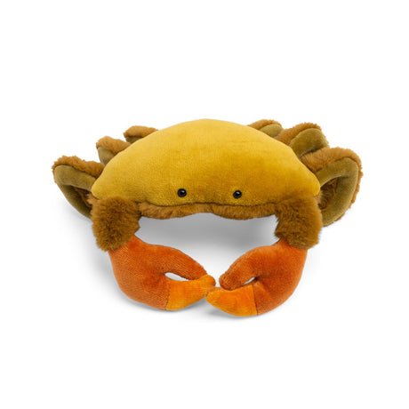 Plush yellow crab toy with orange claws from the Moulin Roty Tout Autour du Monde collection on a white background.