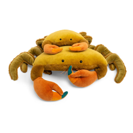 Two plush Moulin Roty Tout Autour du Monde crabs in small and large sizes with yellow bodies and orange claws.