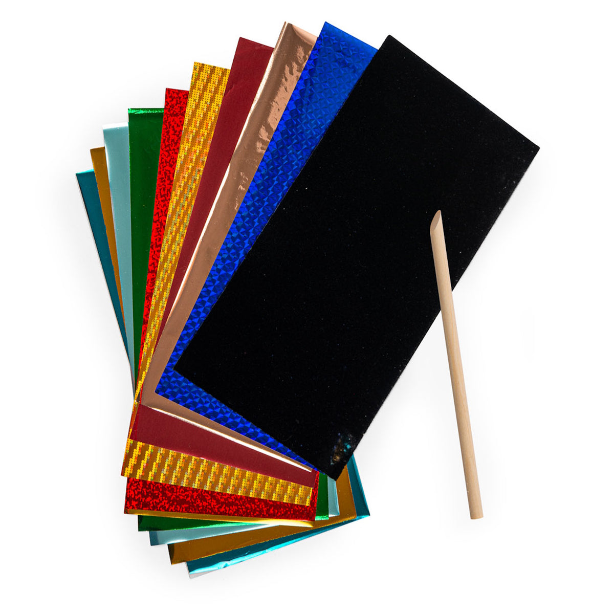 Holographic and metallic foil art sheets in various colors with a wooden stylus tool on a white background.