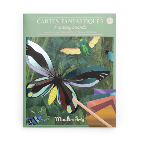 Moulin Roty Fantasy Boards craft kit featuring foil transfer butterfly and insect illustrations for kids.