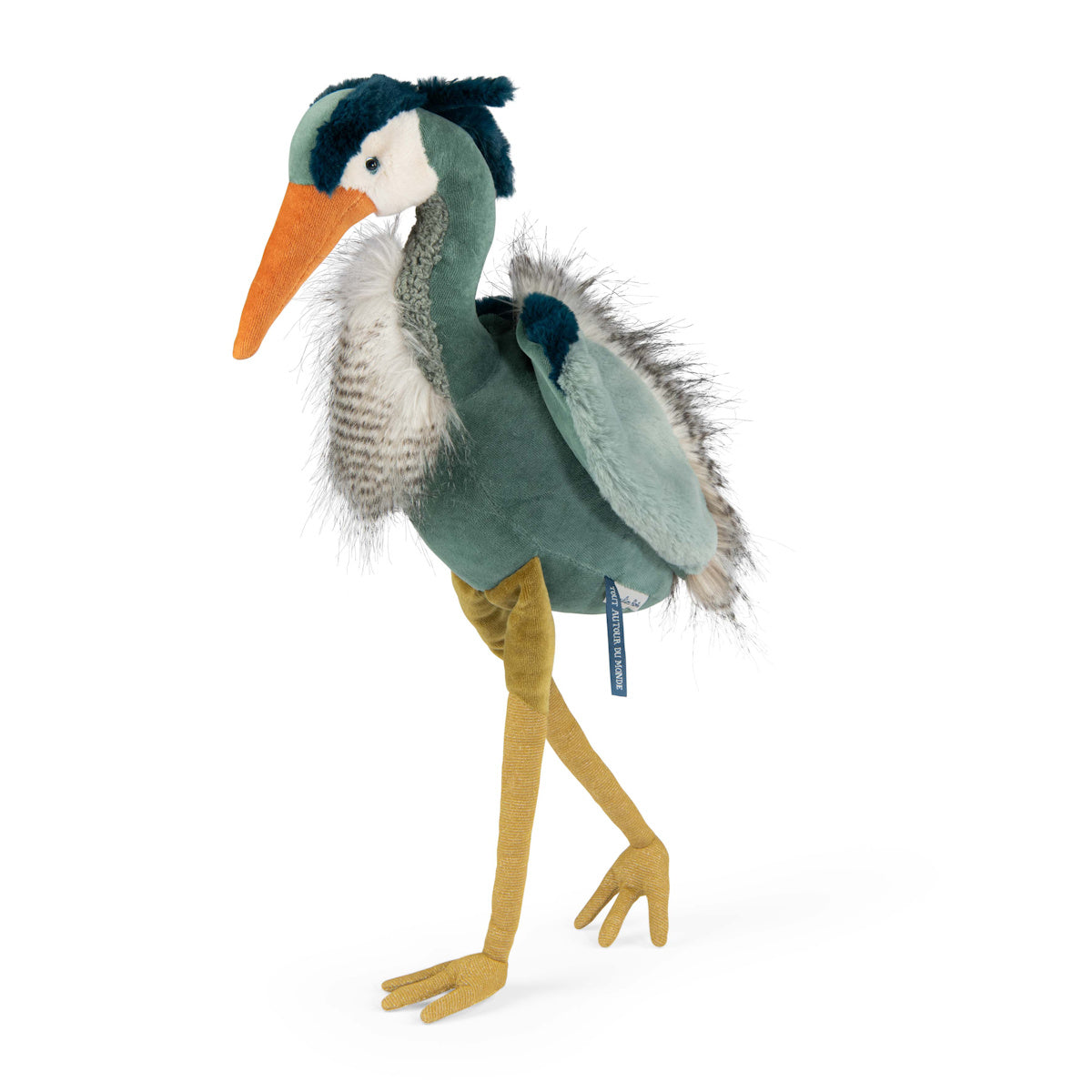 A plush toy resembling a heron with teal and grey feathers, an orange beak, and long yellow legs. It exudes a cute and whimsical charm.