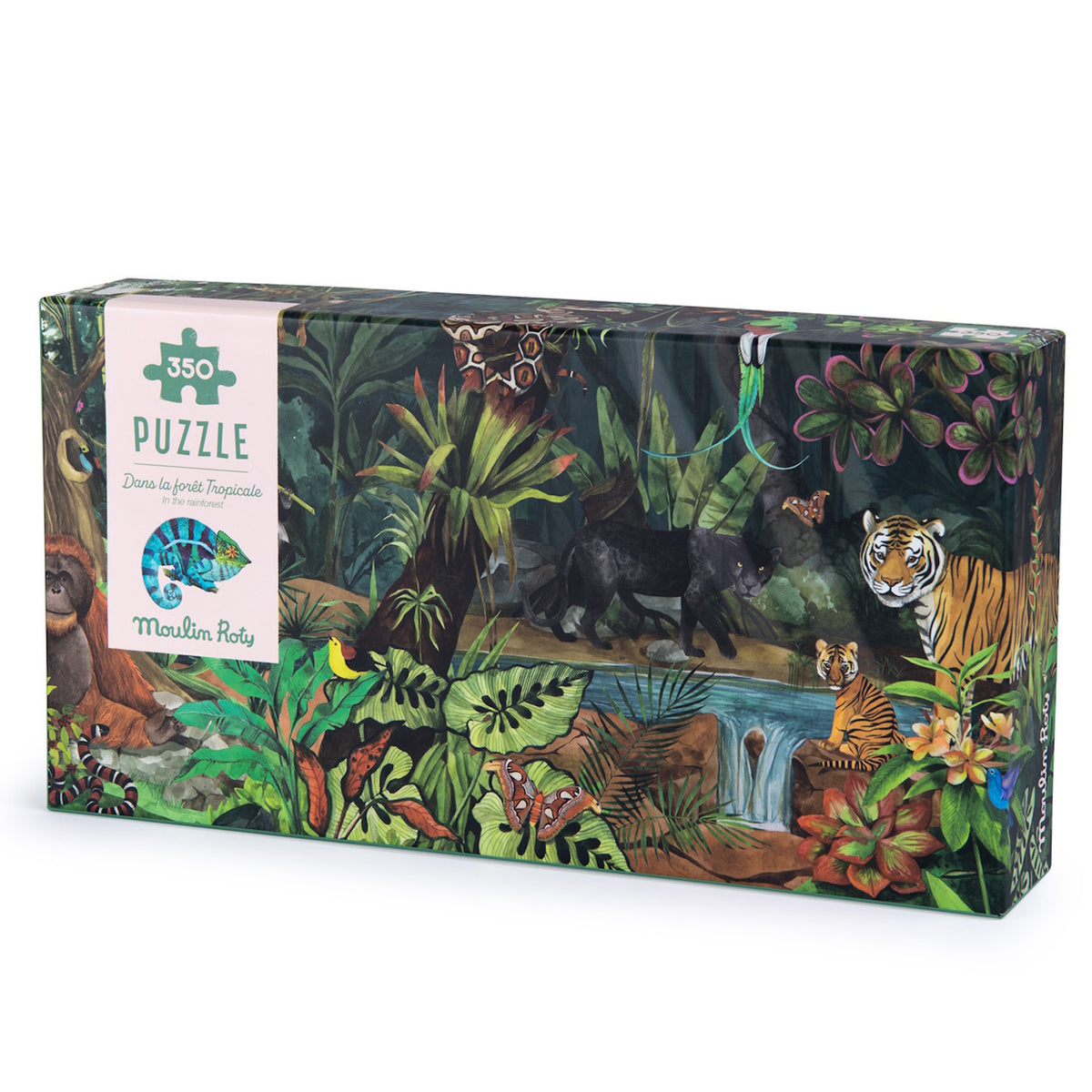 Moulin Roty 350-piece tropical rainforest puzzle box featuring illustrations of a tiger, panther, and colorful jungle animals.