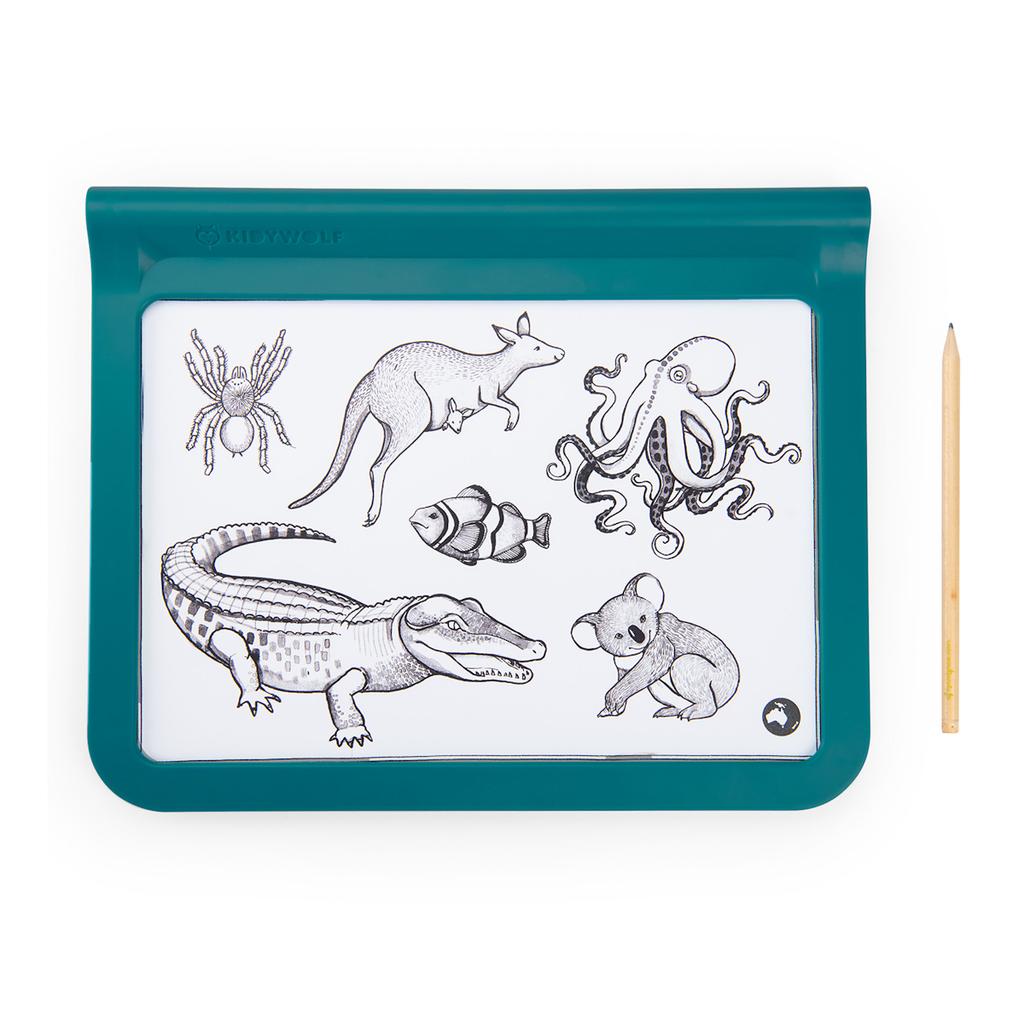 A blue-framed drawing tablet displays sketches of an octopus, kangaroo, clownfish, koala, crocodile, and tarantula. A stylus is placed beside it.