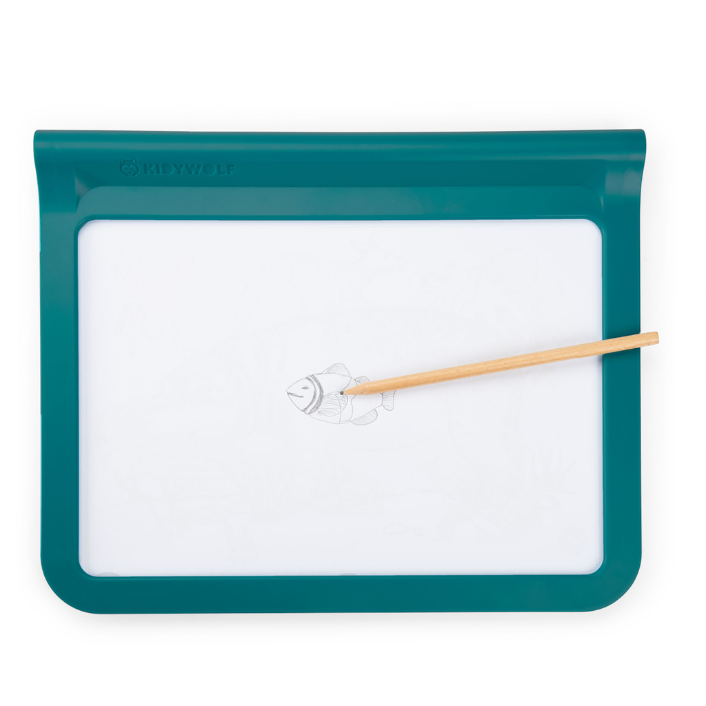 Teal writing board with a simple fish sketch in the center. A wooden stylus rests diagonally across the board, creating a playful yet minimalistic tone.