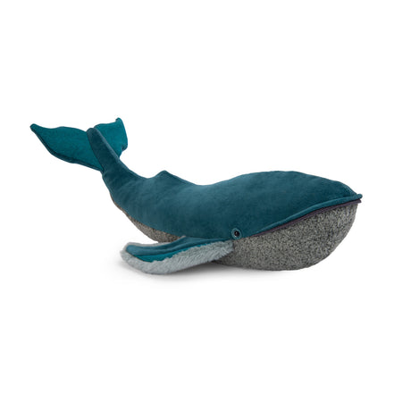 Moulin Roty Tout Autour du Monde large whale plush toy featuring blue velvet fabric and grey textured underbelly.