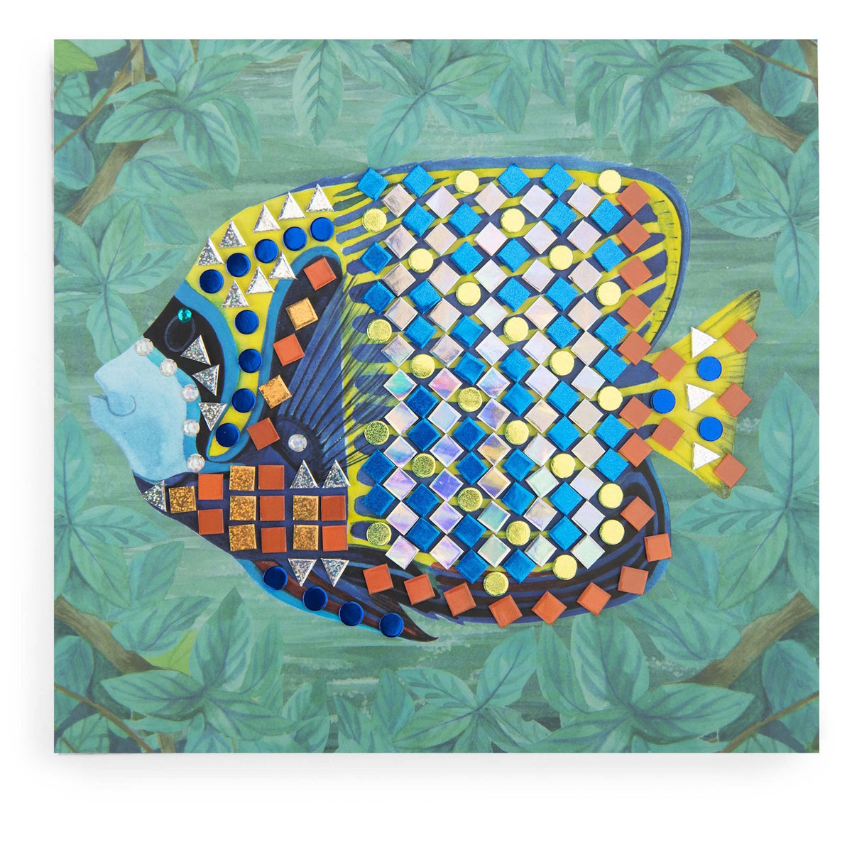 Colorful fish mosaic craft kit with blue, gold, and orange stickers on a green leafy background.