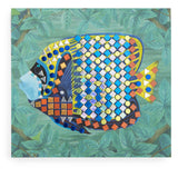 Colorful fish mosaic craft kit with blue, gold, and orange stickers on a green leafy background.