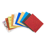 Colorful foam mosaic sticker sheets in various shapes and metallic finishes for children's craft kits.