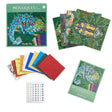 Moulin Roty animal mosaic craft kit with chameleon and beetle cards, colorful adhesive foam tiles, and rhinestones.