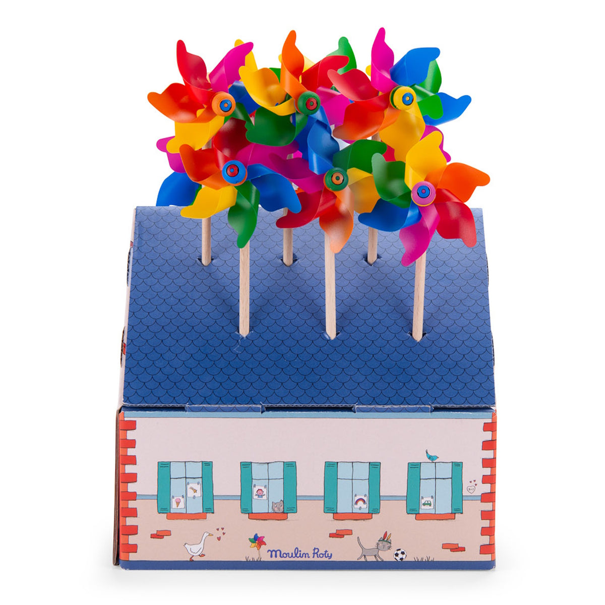 Moulin Roty colorful toy pinwheels in a decorative cardboard house display box.