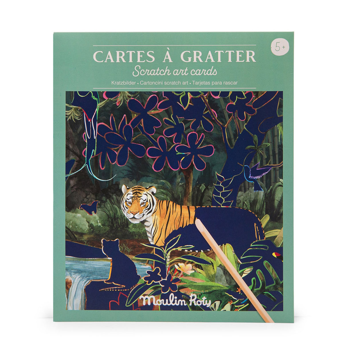 Moulin Roty tiger jungle scratch art cards kit for kids with wooden stylus tool.