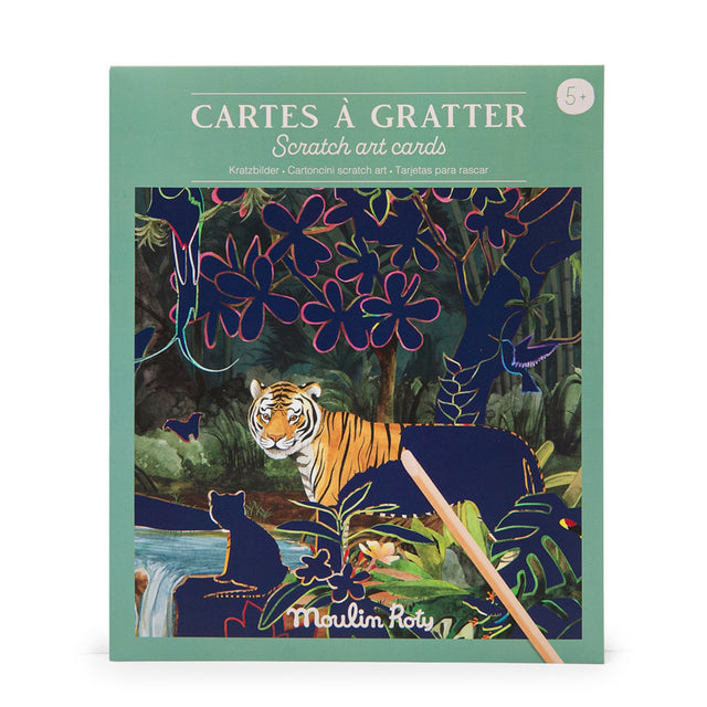 Moulin Roty tiger jungle scratch art cards kit for kids with wooden stylus tool.