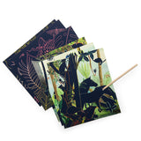 Moulin Roty jungle animal scratch art cards for kids with wooden stylus and detailed nature illustrations.
