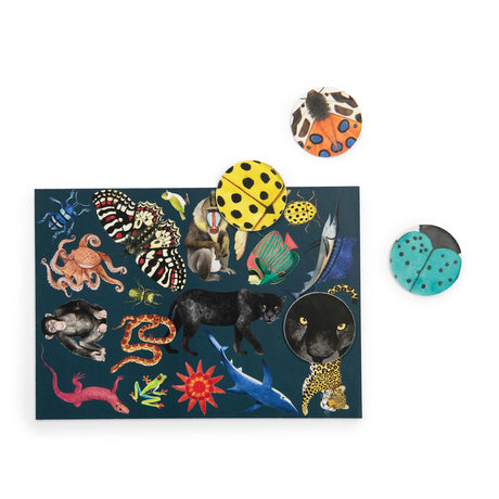 Tout Autour du Monde seek and find game card featuring animals like a panther, shark, and butterfly on a dark background.
