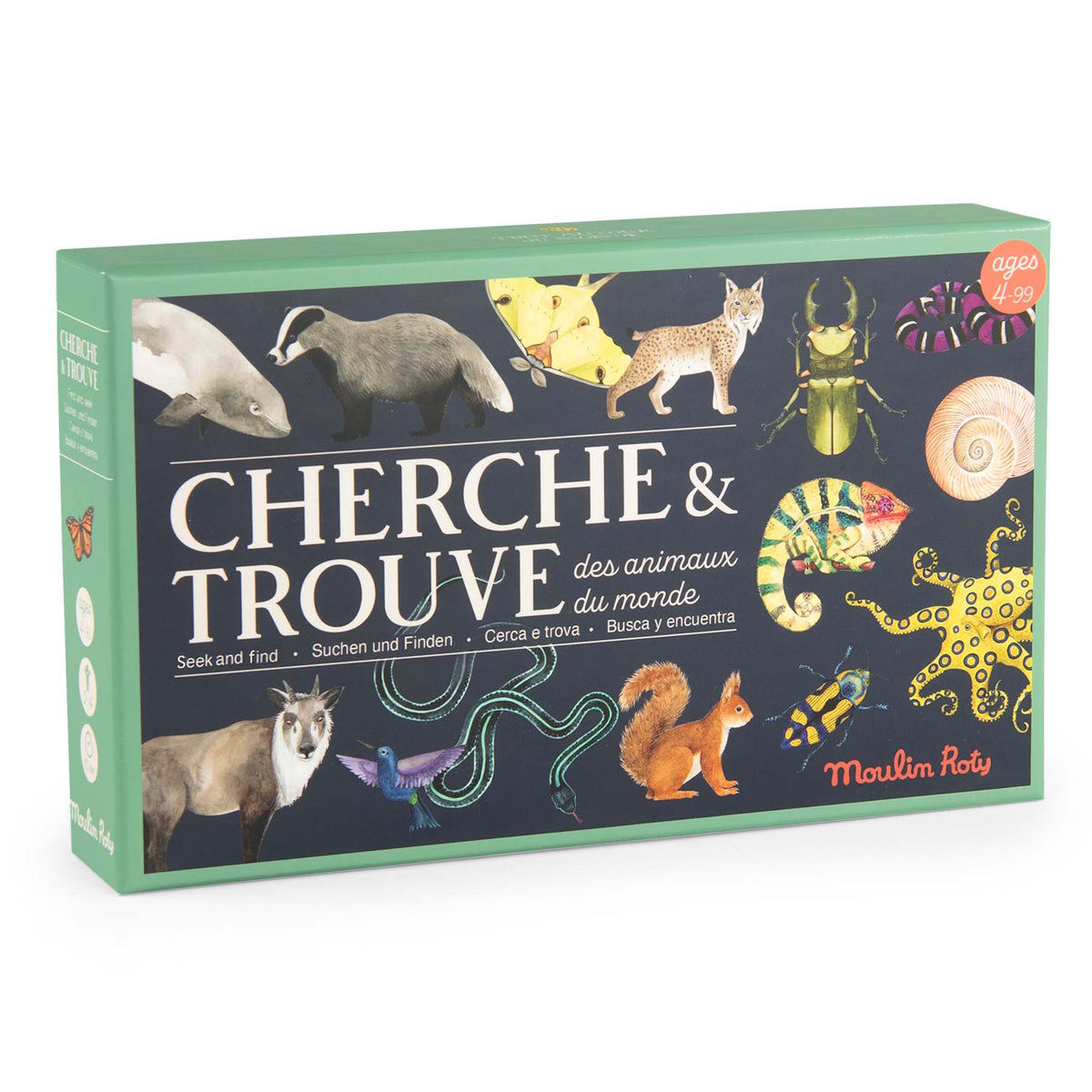 Moulin Roty "Cherche & Trouve" seek and find animal board game box featuring illustrated wildlife for ages 4-99.