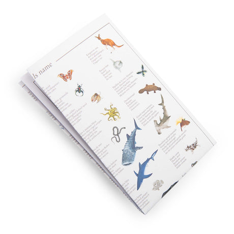 Multi-language animal identification guide featuring a kangaroo, whale shark, and platypus with various wildlife species.