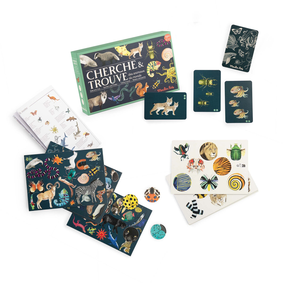 Cherche & Trouve animal seek and find card game by Moulin Roty with colorful illustrated animal cards and box.