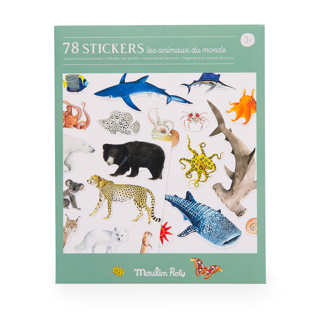 A collection of colorful animal stickers, including sharks, bears, fish, and octopuses, displayed on a green-bordered sheet. Labeled "78 Stickers" by Moulin Roty.