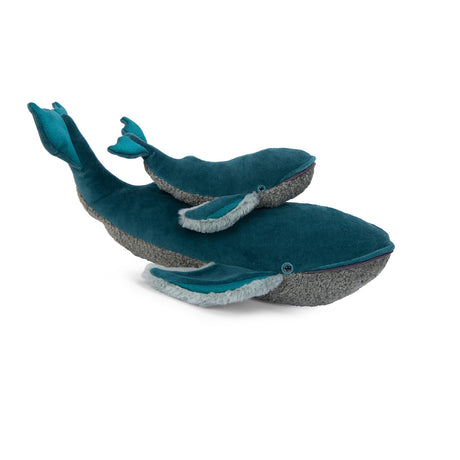 Plush teal and grey whale set from Moulin Roty featuring a large whale and a small baby whale with soft textured fins.