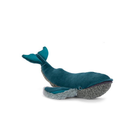 Plush blue whale toy with textured grey underbelly and teal glitter fins from the Tout Autour Du Monde collection.