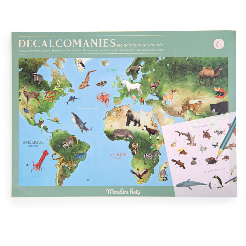 Map of the world featuring watercolor animals native to each continent, like kangaroos and lions. Includes a green border and playful tone.