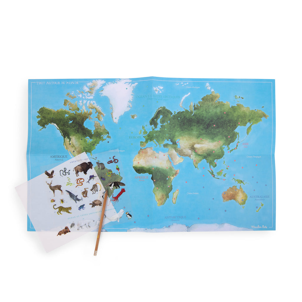 World map with a watercolor design on blue background, featuring continents labeled in French. Animal stickers and a pencil lay next to the map.