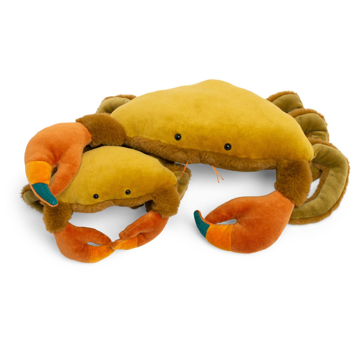 Two plush crab toys from the Moulin Roty Tout Autour du Monde collection in yellow and orange velvet on a white background.