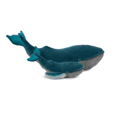 Plush whale set featuring a large and small teal velvet whale with textured grey bellies and glittery fins on white.