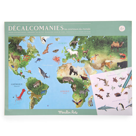 Moulin Roty world map animal transfers kit with colorful illustrations of global wildlife and a decal sheet.