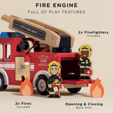 Wooden toy fire engine with firefighters, fire cutouts, and opening back door.