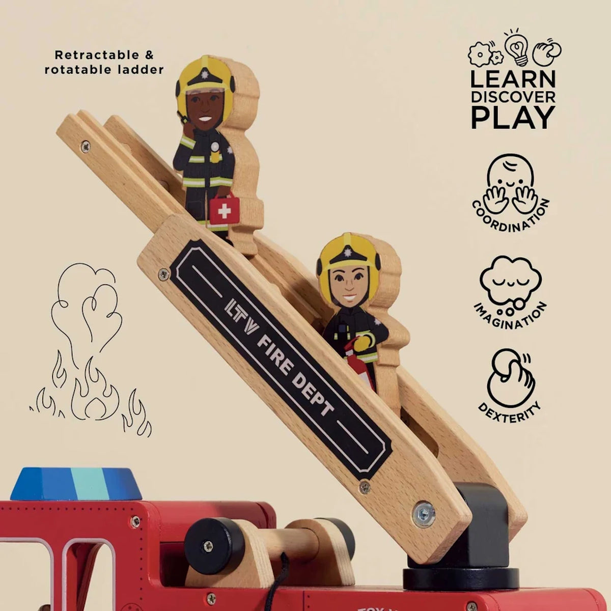 Two firefighter figurines standing on the retractable wooden ladder of a toy fire engine.