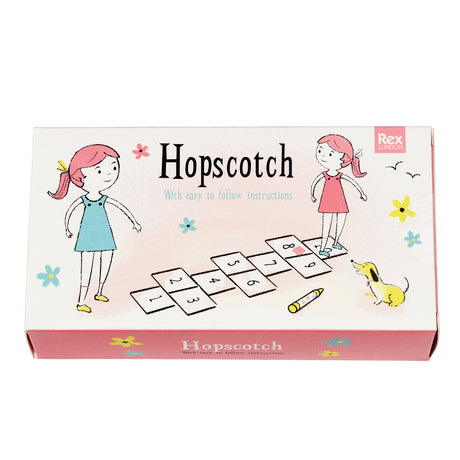 Rex London Hopscotch game box featuring illustrations of girls playing, a chalk grid, and a dog.