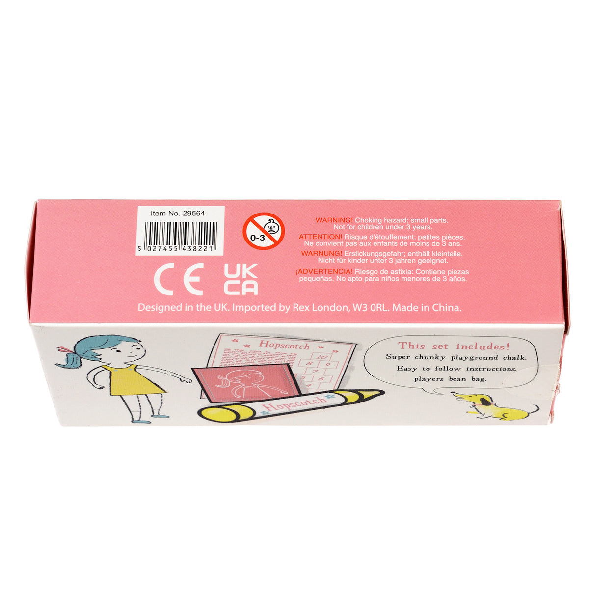 Traditional hopscotch game set packaging showing safety labels, barcode, and product contents.