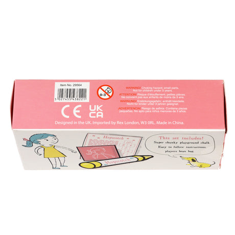 Traditional hopscotch game set packaging showing safety labels, barcode, and product contents.