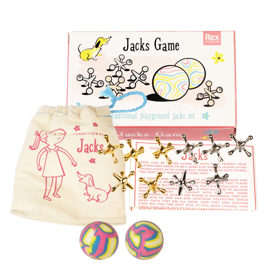 Retro-style jacks set with colorful balls, metal jacks, and a cloth bag featuring a girl and a dog. The packaging evokes nostalgia.