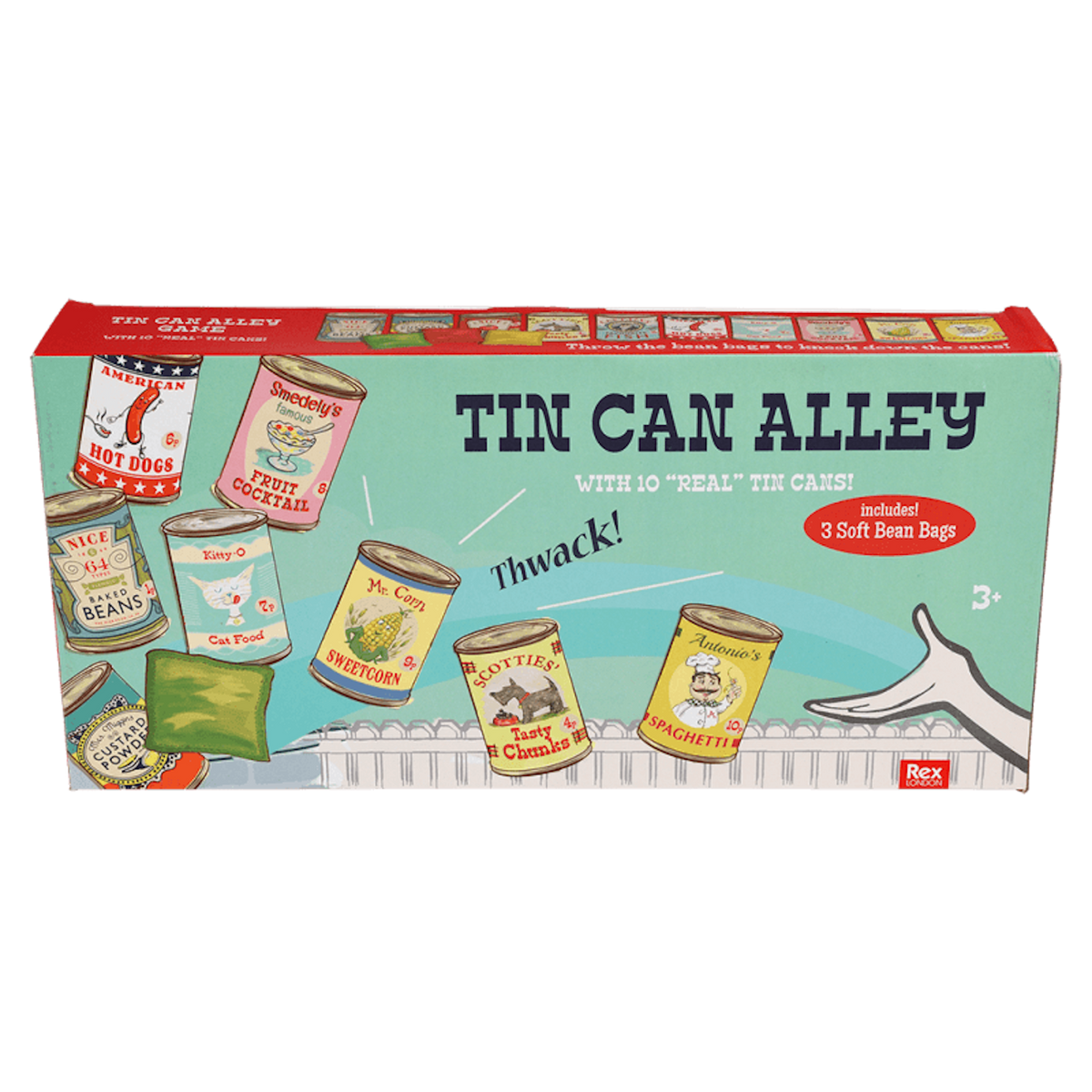 Retro-style packaging box for a Tin Can Alley game featuring illustrations of vintage food cans.