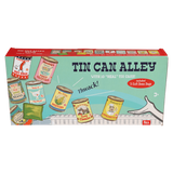 Retro-style packaging box for a Tin Can Alley game featuring illustrations of vintage food cans.