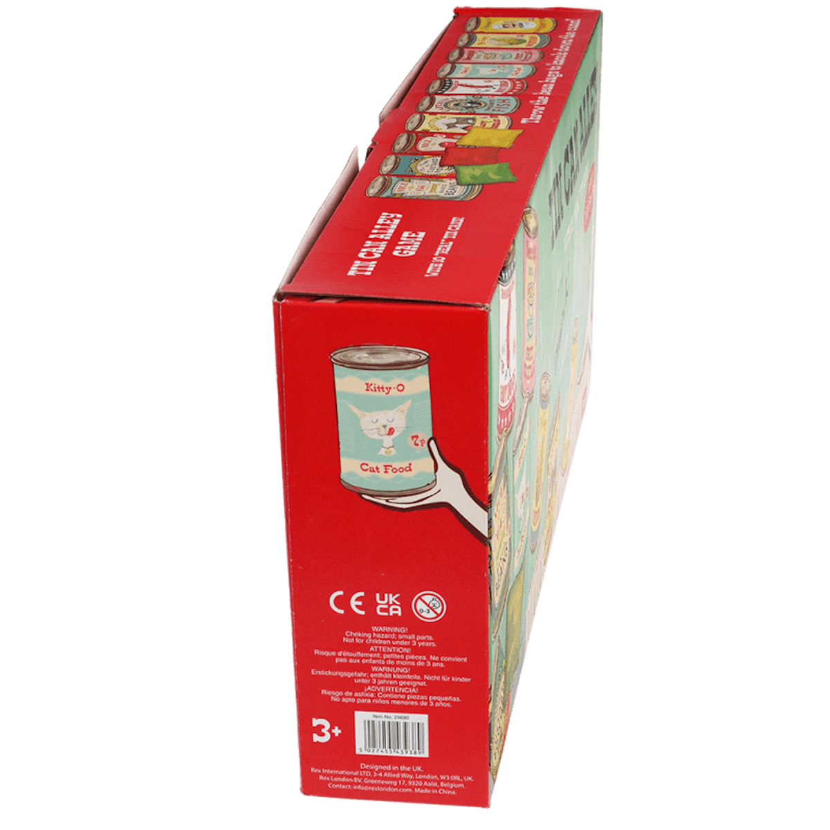 Side view of a red and green Tin Can Alley game box showing safety warnings and product details.