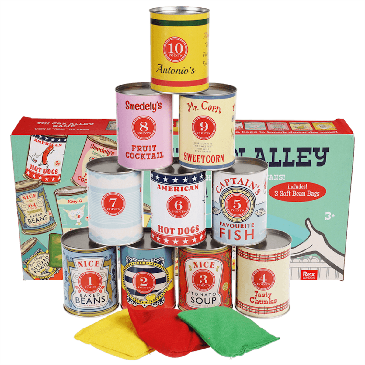 Stacked vintage game tin cans and colored bean bags positioned in front of their product box.