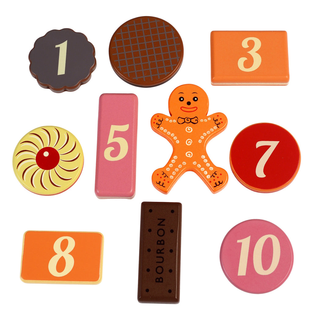 A set of colorful wooden biscuit toys designed for pretend tea parties, perfect for imaginative play.